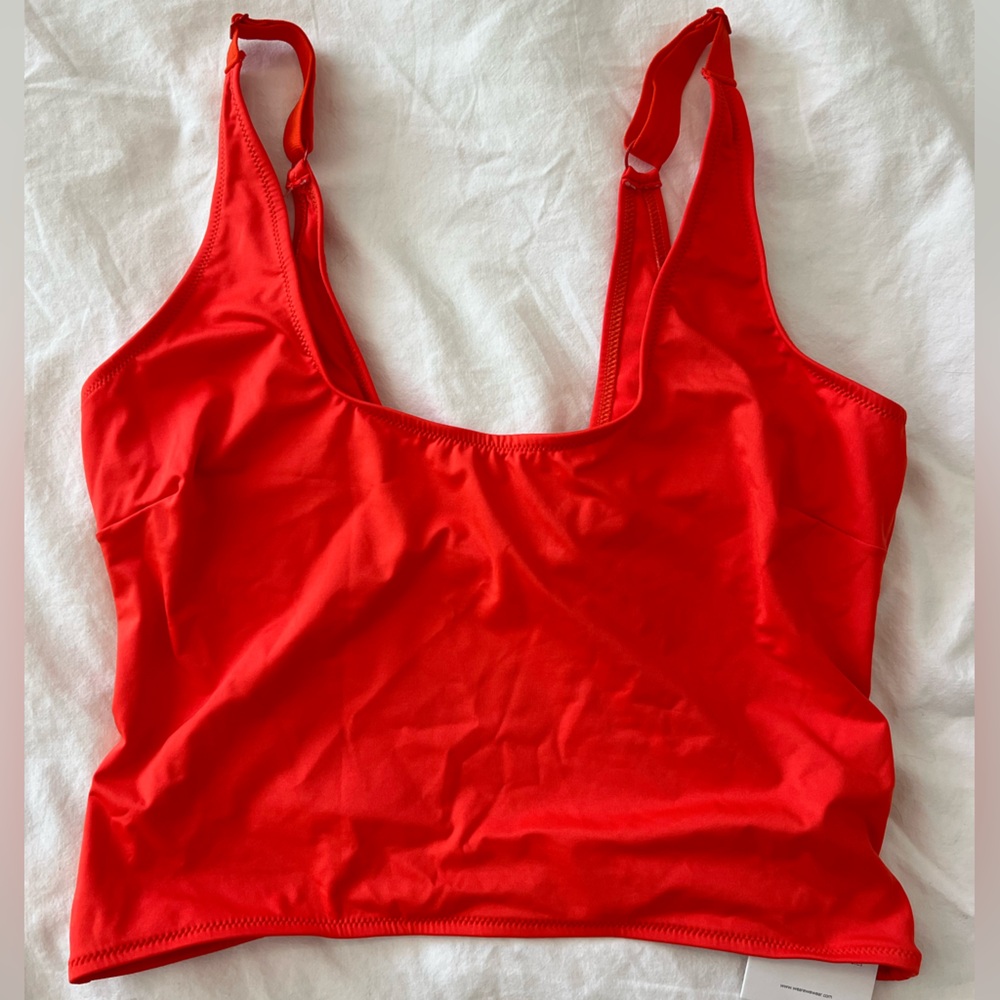 We are we wear longline bikini top in bright orange, XXL